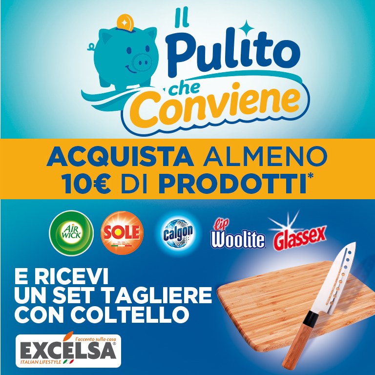 Il Pulito che Conviene – Acquista almeno 10€ di prodotti Air Wick, Sole, Calgon, Woolite e Glassex e ricevi un set tagliere con coltello Excelsa